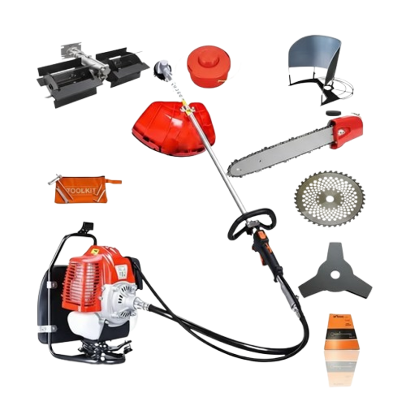 Greenleaf 3 HP 63CC 2 Stroke Petrol Engine Backpack Brush Cutter with Weeder/Tiller Chainsaw Paddy Guard and Blade Attachments,